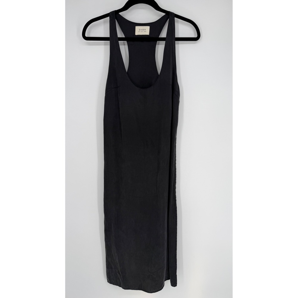 DISSH BLACK SILK MIDI DRESS TUNIC HIGH SIDE SLITS SIZE 2 BLACK MATTE SILK DRAPEY